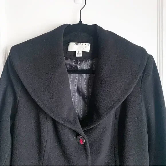 Anne Klein Wool Cashmere Blend Midi Length Pea Coat Large Rounded Neckline 6 Six - Picture 2 of 14